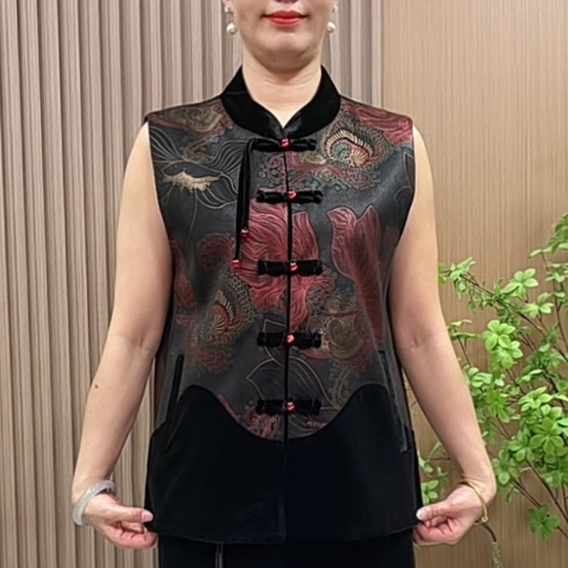 妈妈秋装国风盘扣马甲中老年女装秋季大码新中式唐装坎肩两件套装