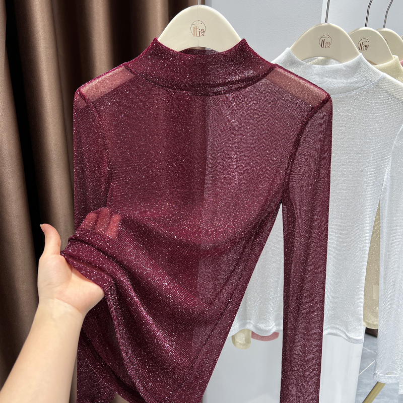 超好看红色半高领网纱透视T恤女秋冬新款长袖修身上衣套头打底衫