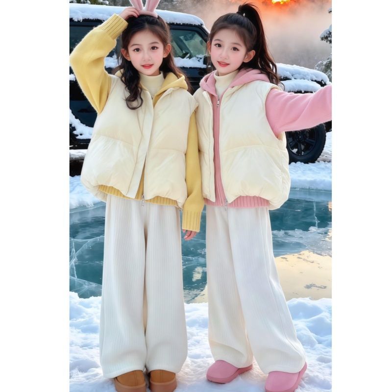 女童毛衣2025新款加绒洋气加厚三件套儿童马甲冬季韩版套装