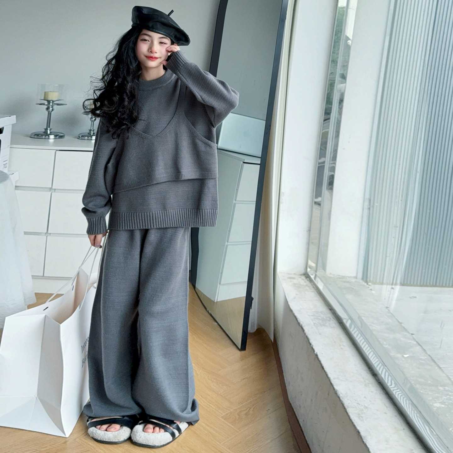 女童韩版慵懒风毛衣套装春秋季2025新款中大童洋气针织上衣阔腿裤