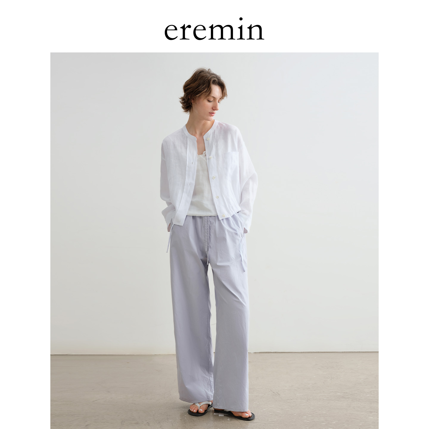 DE Mincollection灰泥裤/纸感棉定染石灰色松紧腰直筒休闲裤55686