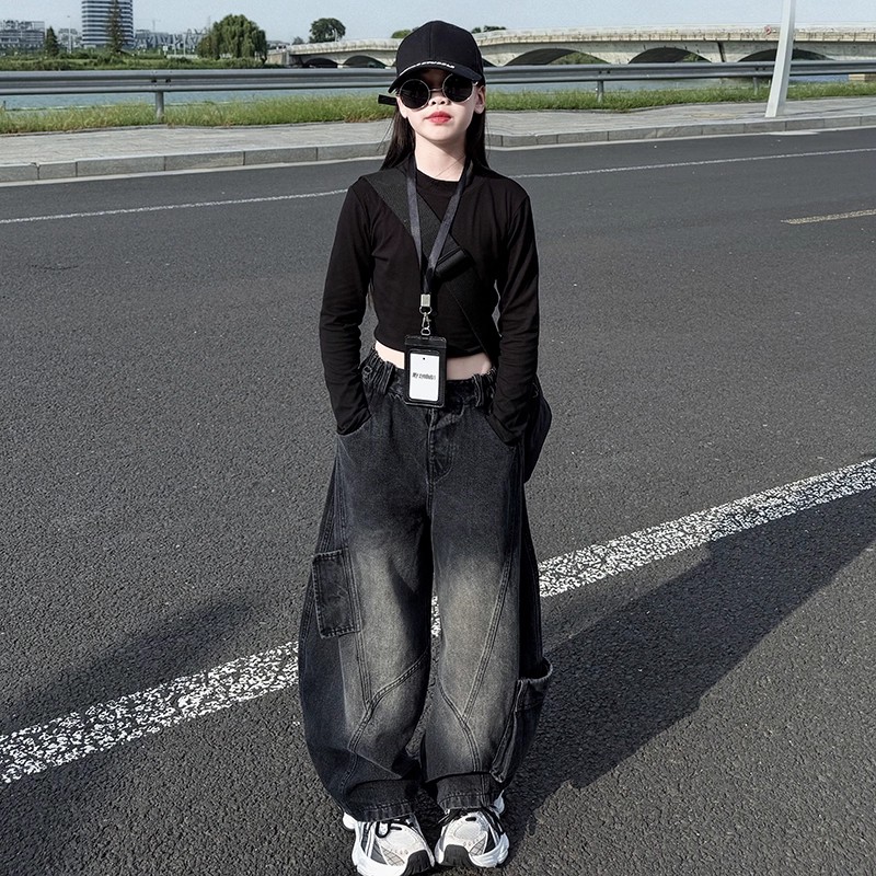 女童纯色长袖T恤2025春秋款韩版潮酷儿童宽松工装牛仔老爹裤2件套