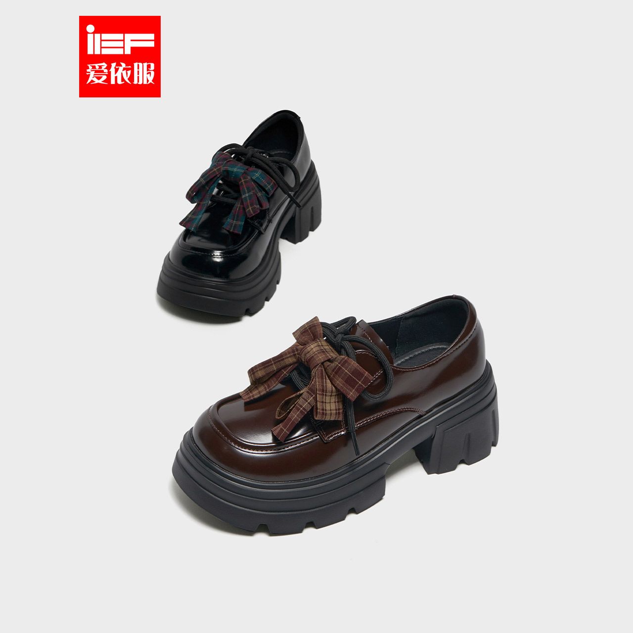 IEF/爱依服2025秋季新款复古英伦风蝴蝶结圆头厚底牛津鞋流光风