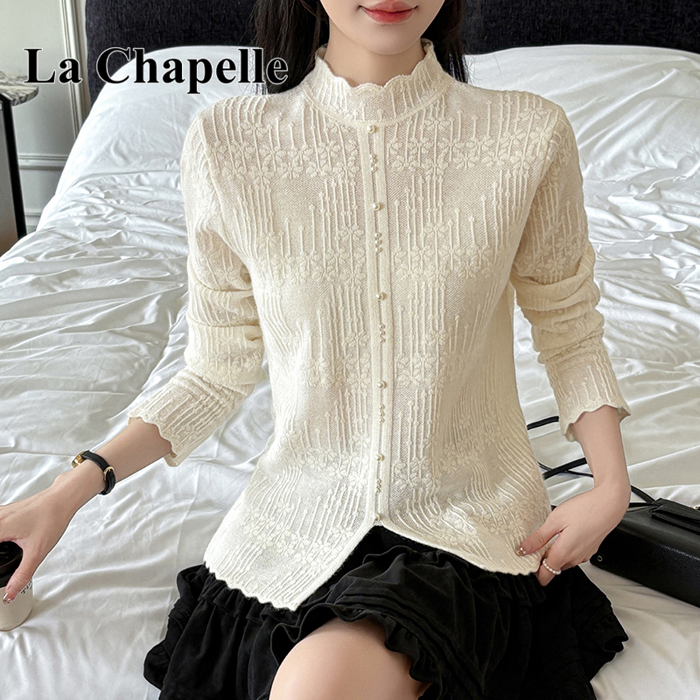 拉夏贝尔秋冬甜美珍珠蕾丝毛针织衫女装禅意仙气飘飘抗起球打底衫