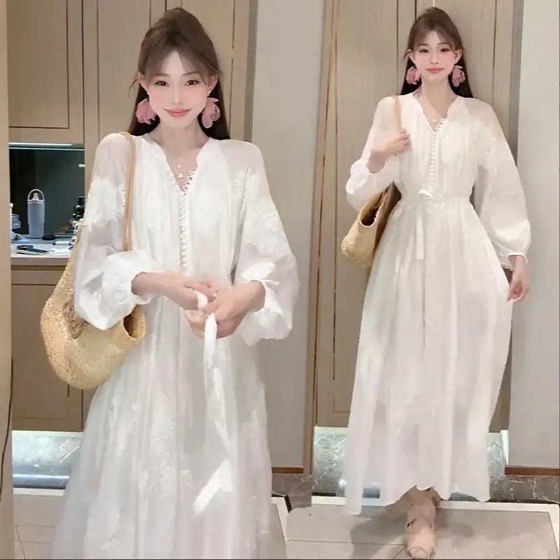 单排扣法式长袖绣花长裙连衣裙仙女裙仙气美式新中式