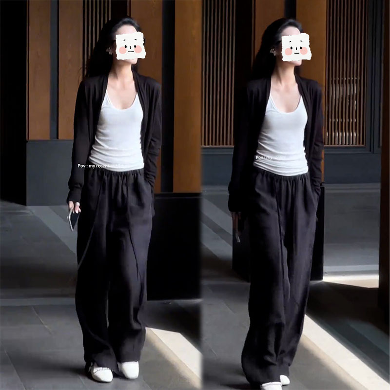 2025秋季新款设计感慵懒简约长袖开衫女内搭背心休闲阔腿裤三件套