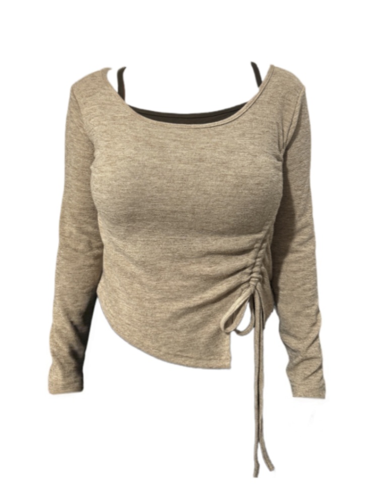 Amy家 微胖mm纯欲风不规则抽褶长袖T恤女设计感假两件显瘦上衣女