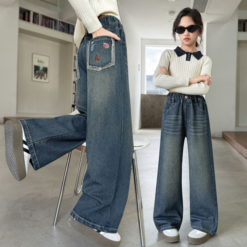 女童牛仔裤春秋潮酷炸街宽松阔腿裤秋款大童韩版百搭秋季儿童裤子