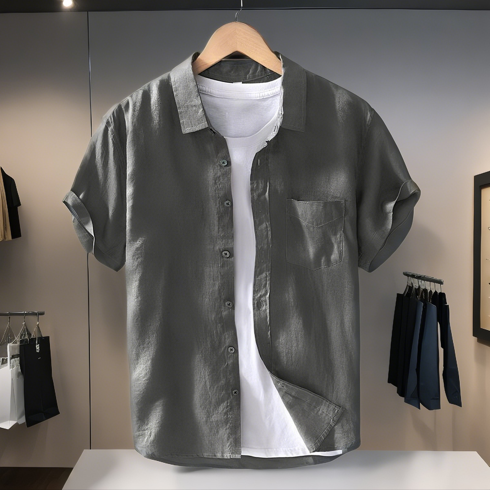 复古休闲男短袖亚麻衬衫夏季宽松休闲上衣薄款方领纯色亚麻料衬衣