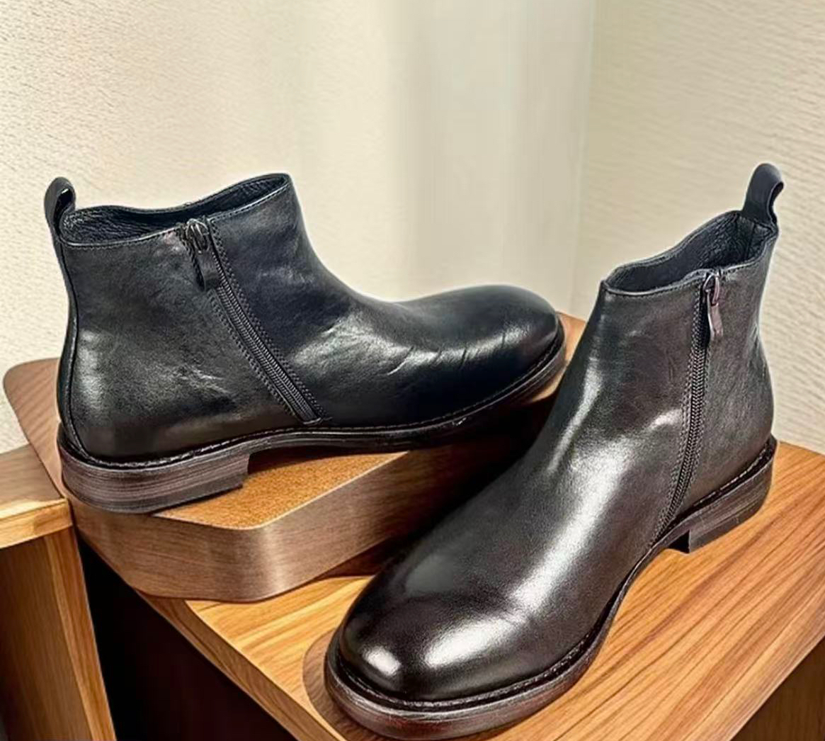 切而西男士马皮皮鞋手工固特异真皮大底侧拉链冬季加绒短靴时尚