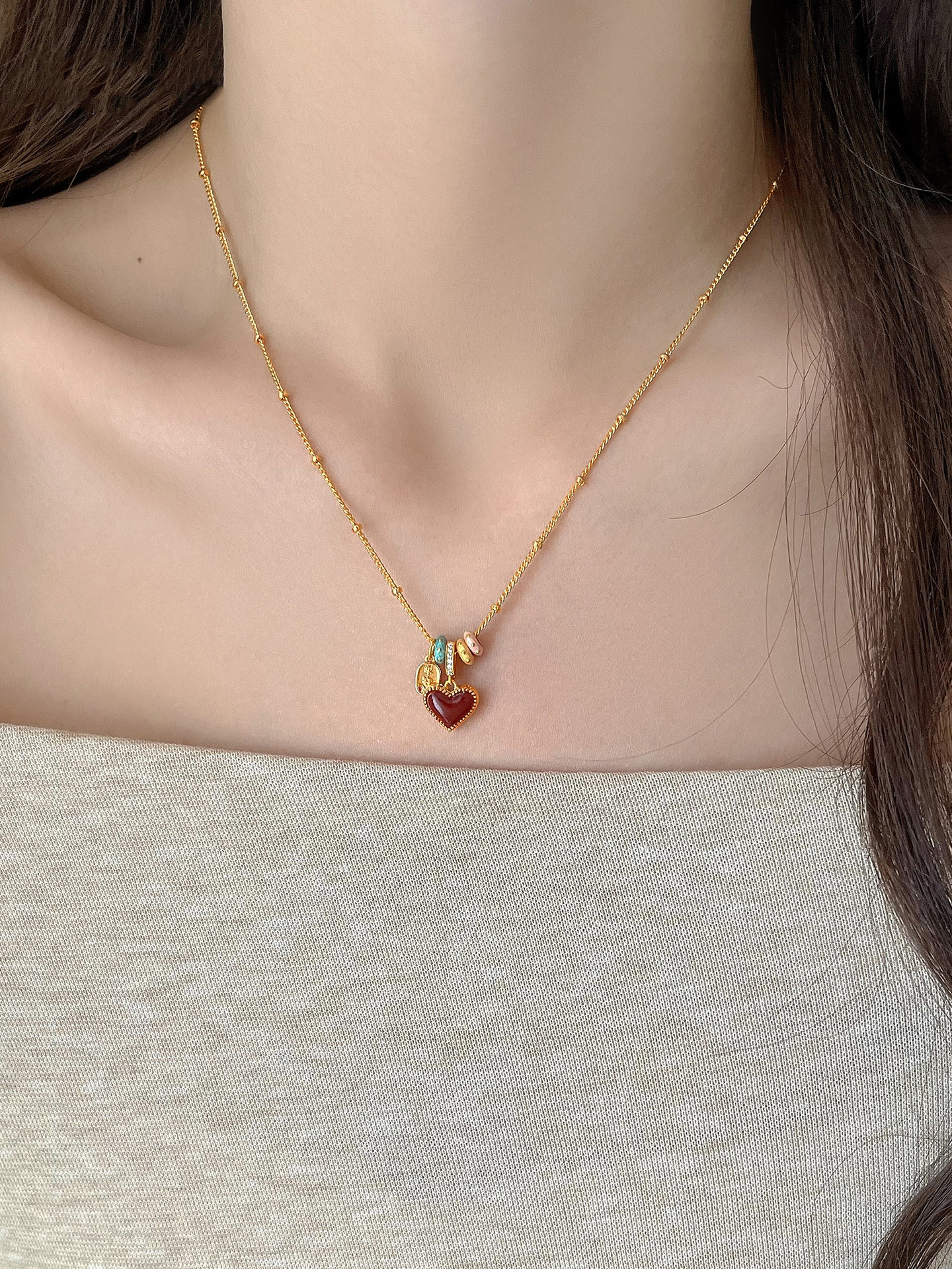 铜合金项链 滴油红色双面爱心项链女2025新款爆款气质高级锁骨链