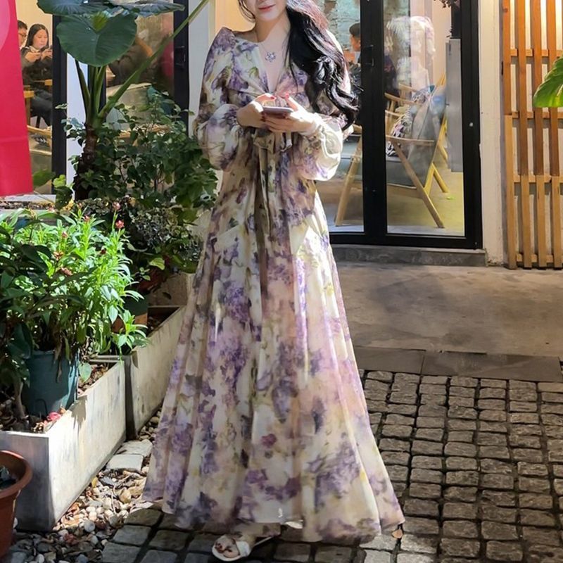 性感领系带紫色碎花长袖连衣裙夏季高级感显瘦温柔气质开叉长裙