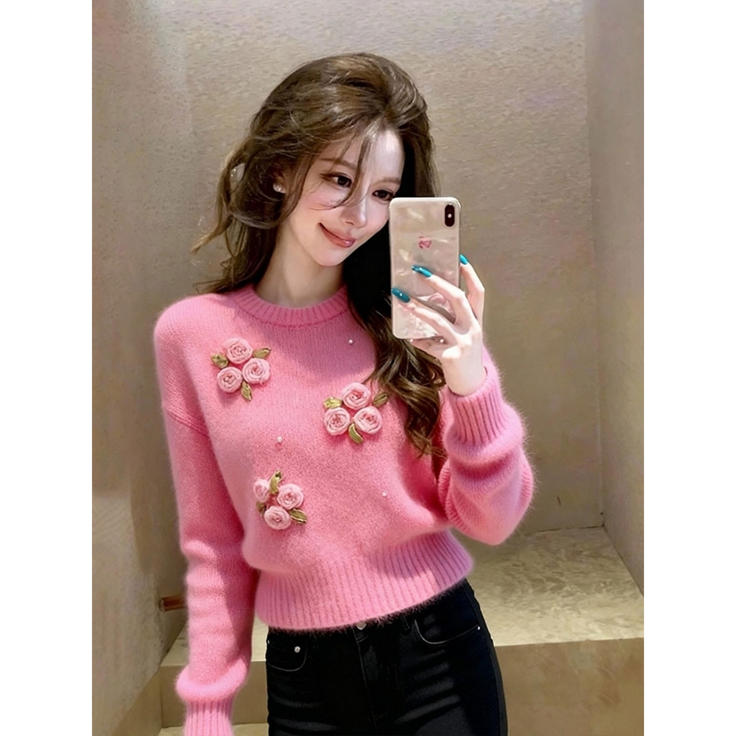 毛衣女款2025新款冬独特超好看软糯气质高端粉色立体花朵针织上衣