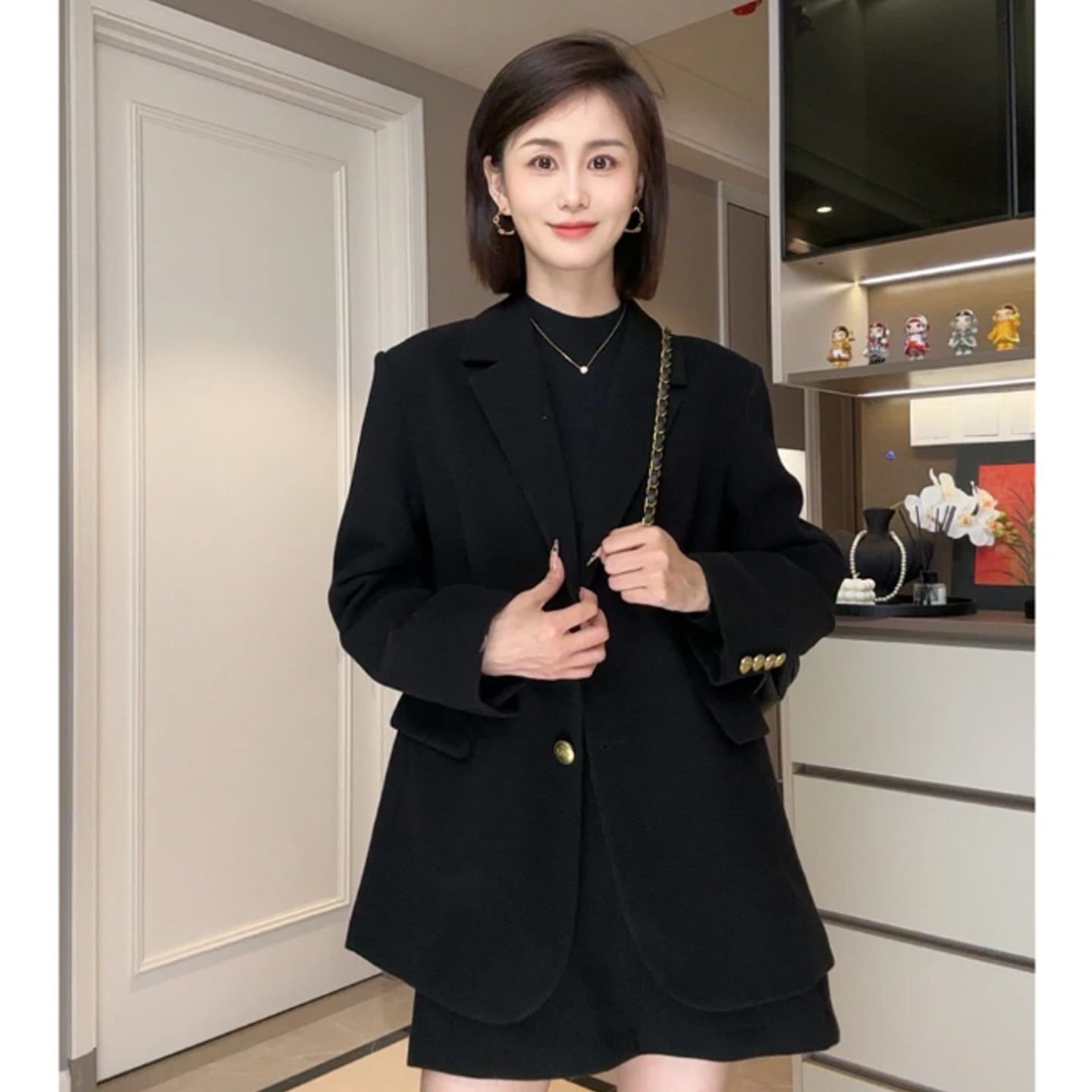 2025年秋冬季新款呢子西装外套女套装裙西装领纯色厚款