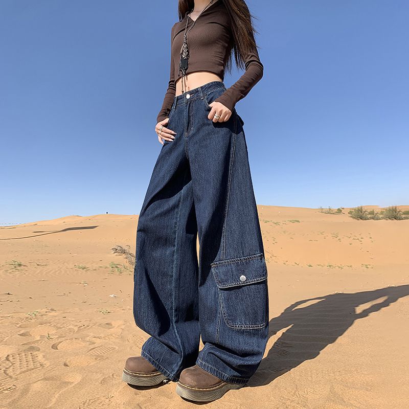 2025新款爆款原色高腰迷彩多口袋工装裤宽松百搭显瘦高街牛仔裤