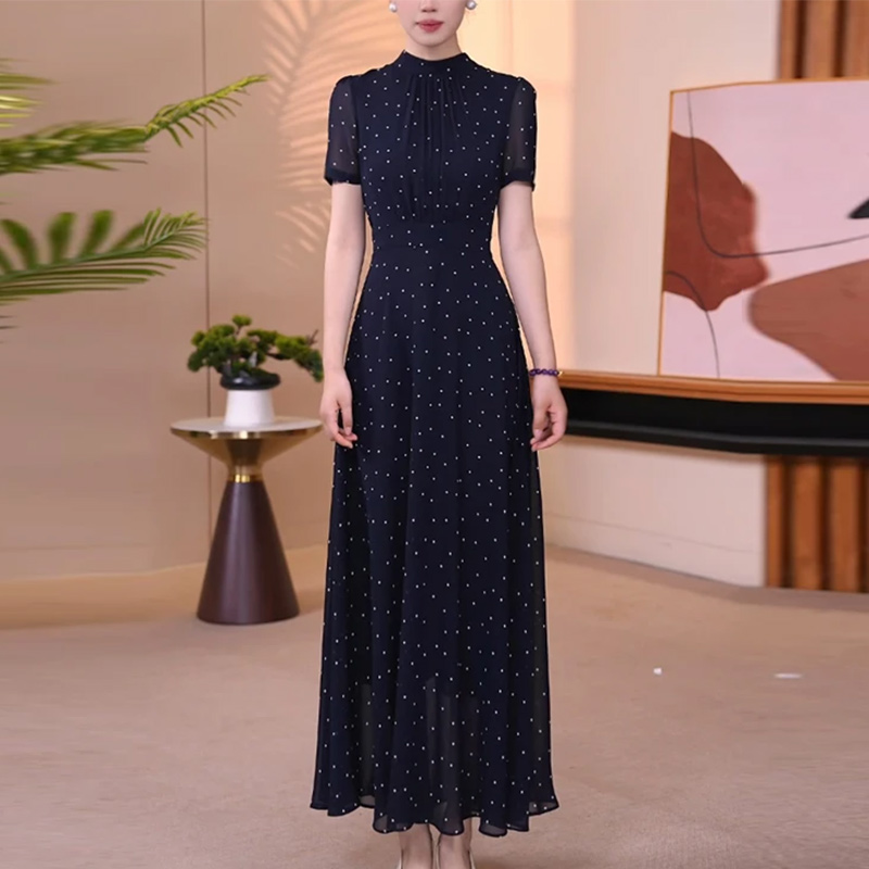 藏青色小波点立领气质大摆长裙2025夏季新款优雅显瘦连衣裙