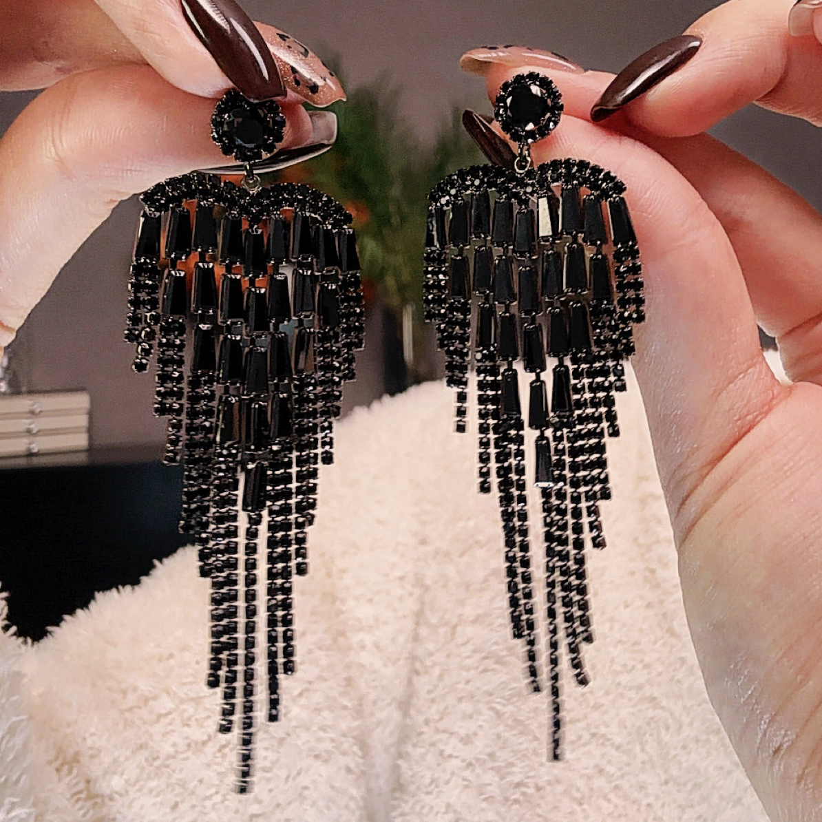 铜合金锆石耳饰 【暗夜星辰】时尚轻奢欧美夸张长款流苏黑色耳环