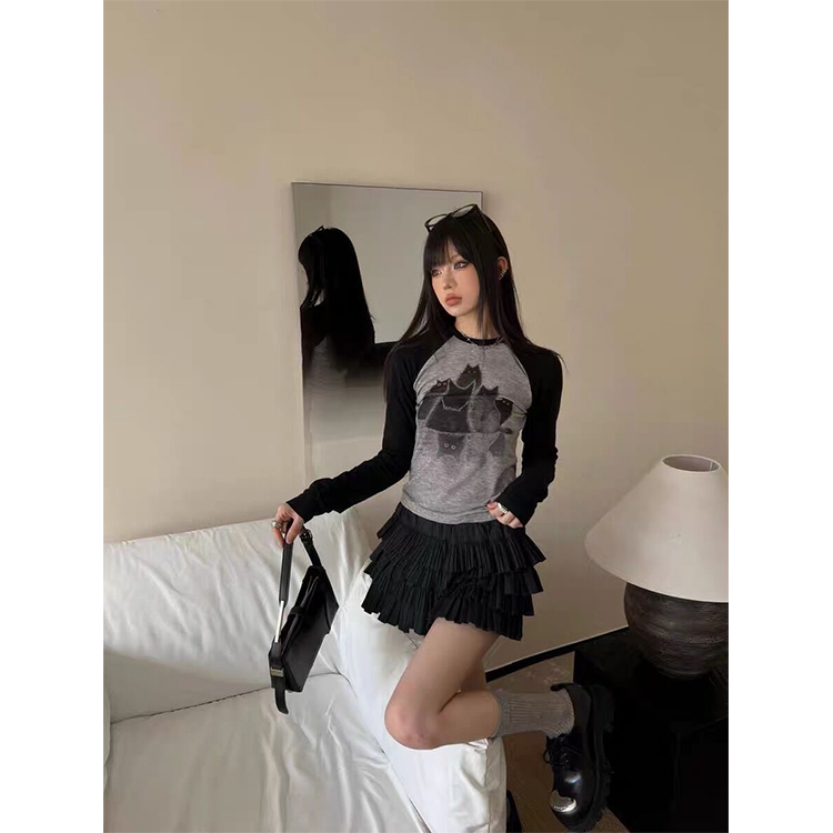 25早秋新款时髦洋气减龄辣妹撞色插肩袖显瘦印花圆领长袖T恤上衣