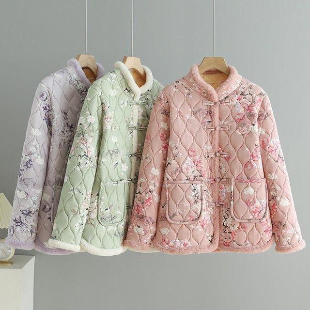 妈妈冬装大花棉衣加绒加厚小棉服开衫外套女立领棉服休闲时尚棉袄