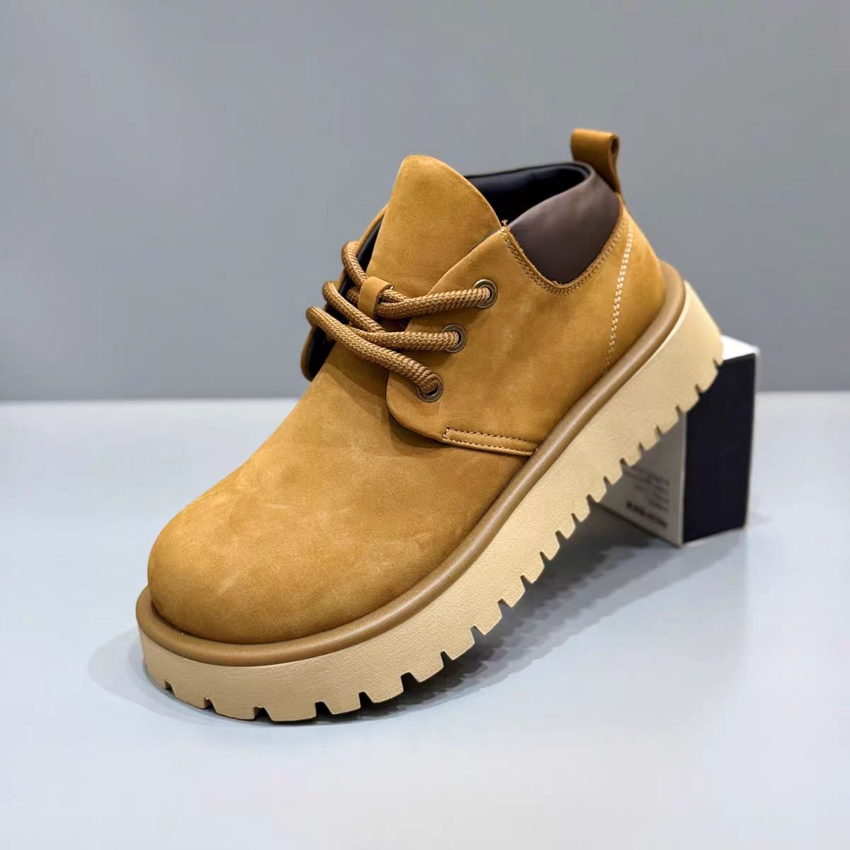 欧洲站2025年秋冬款牛皮厚底增高英伦风大头勃肯皮鞋