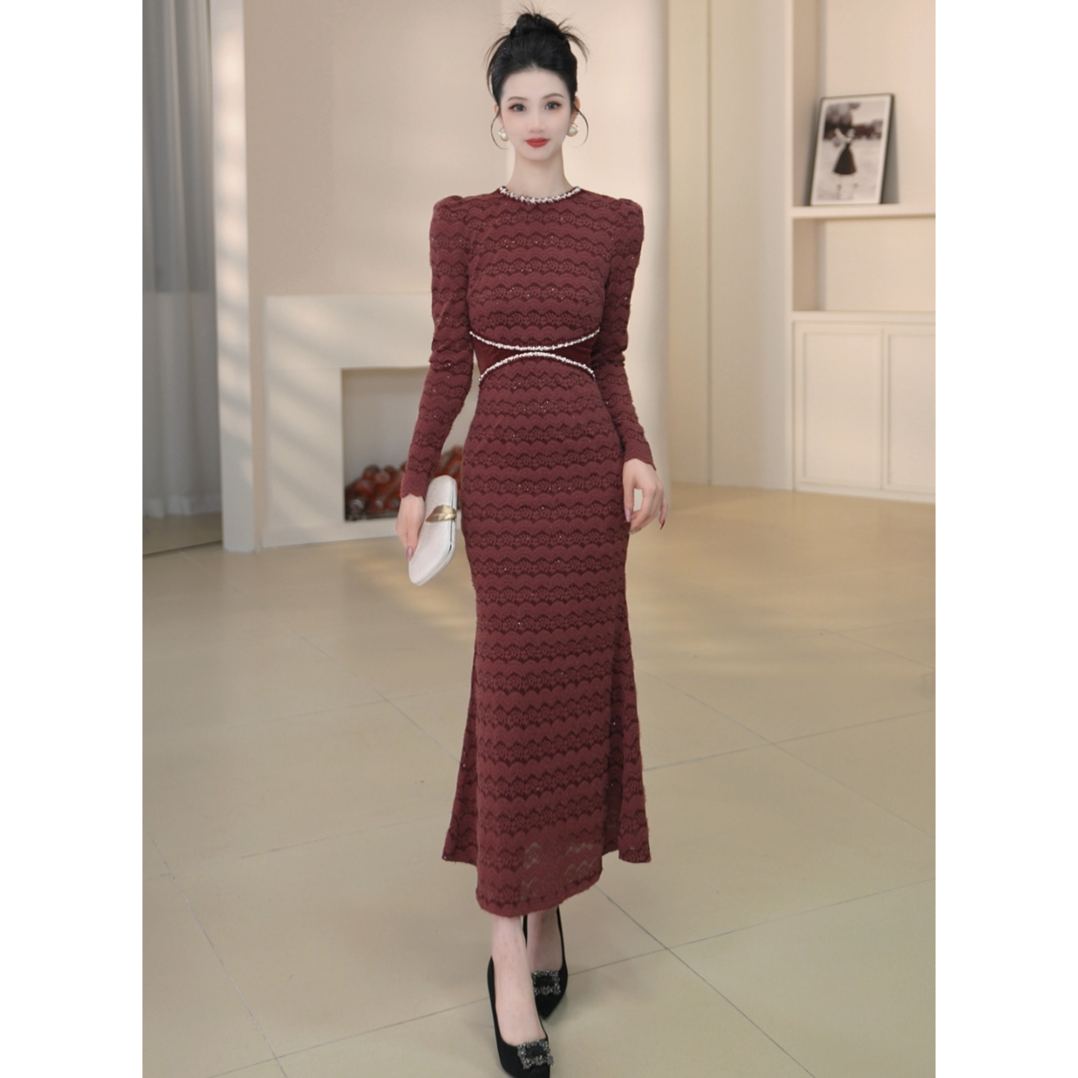 沐子的轻奢私藏【Mu/zi21880】复古秋冬收腰显瘦气质蕾丝名媛连衣裙