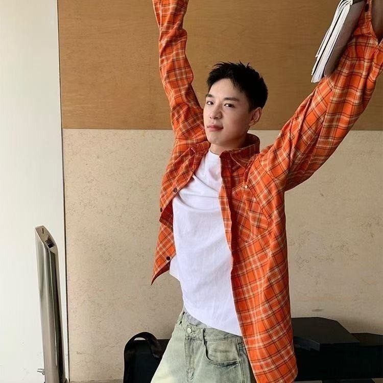 美式复古橙色格纹长袖衬衫男女宽松百搭休闲高街新款情侣防晒衬衣