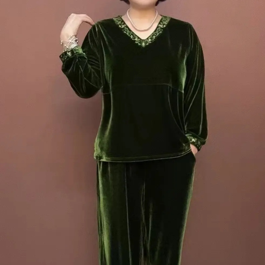 秋冬时尚显瘦桑蚕丝长袖大码妈妈气质休闲丝绒套装洋气遮肉