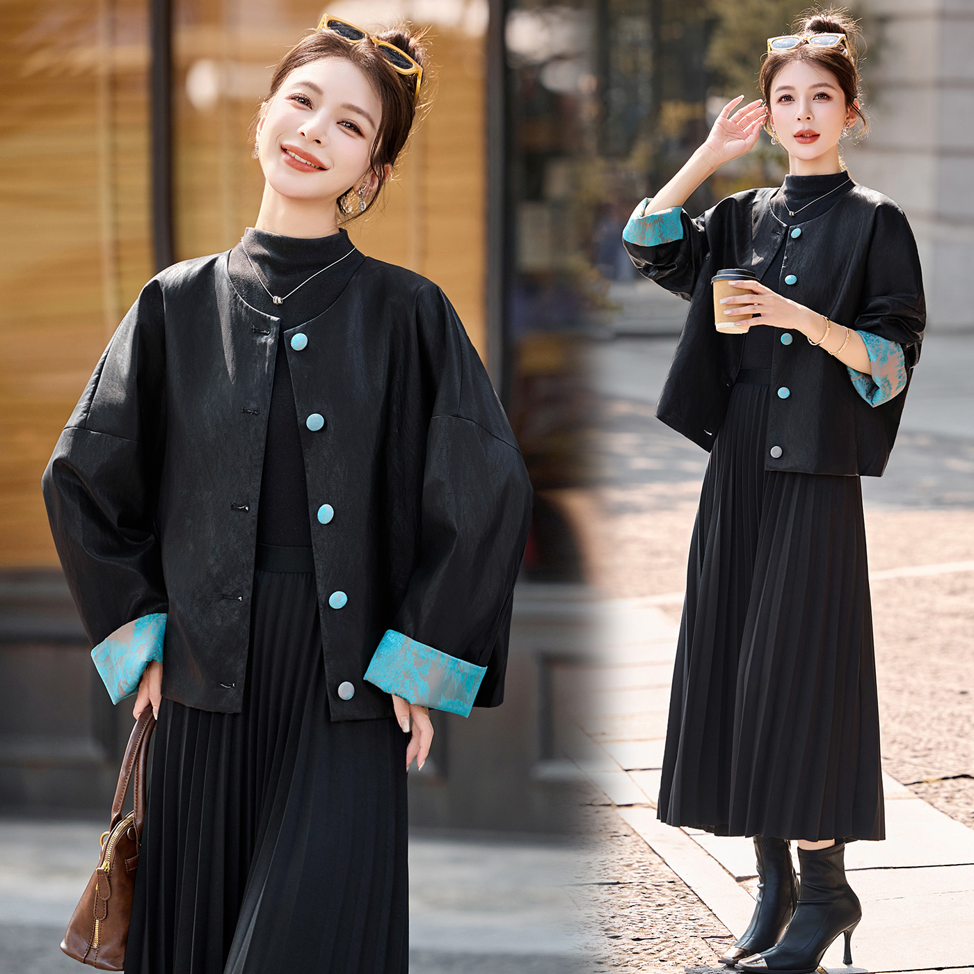 新中式国风撞色拼接PU皮外套女2025春秋新款复古宽松百搭短款上衣