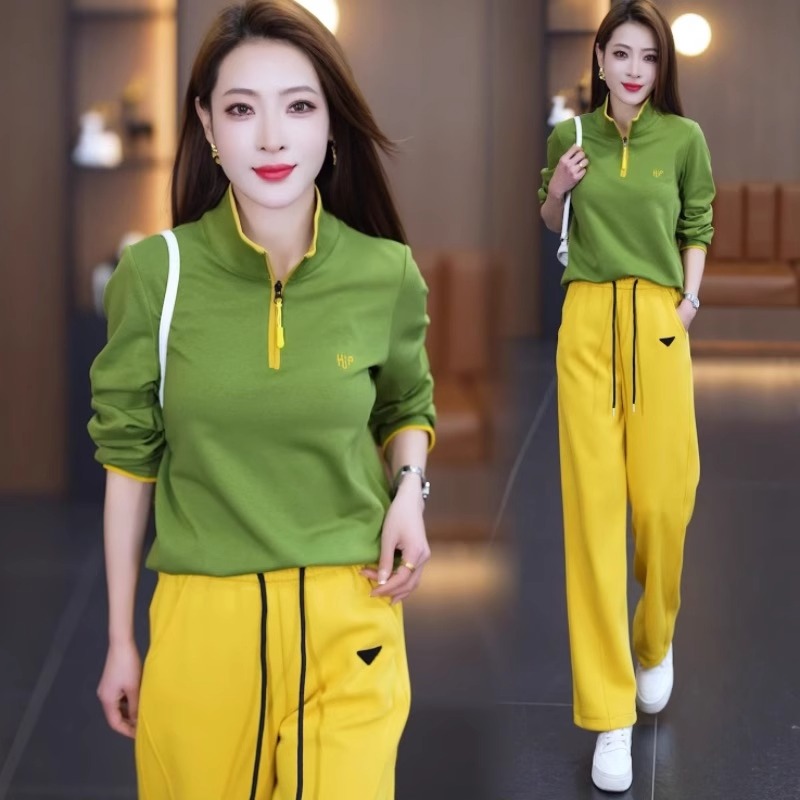 时尚休闲运动套装女士春秋新款撞色半拉链卫衣高腰长裤洋气两件套
