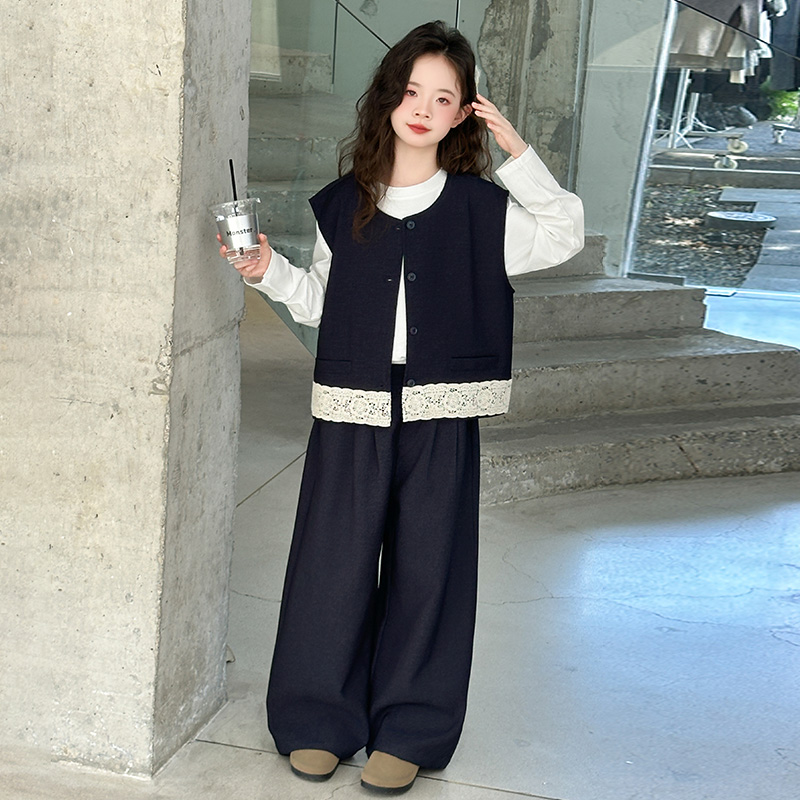 女童牛仔套装秋装2025新款洋气中大童韩系花边马甲春秋儿童三件套