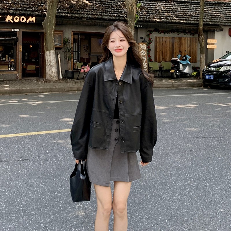 港风覆古黑色皮衣外套女2025春秋季新款宽松小个子高级感夹克上衣