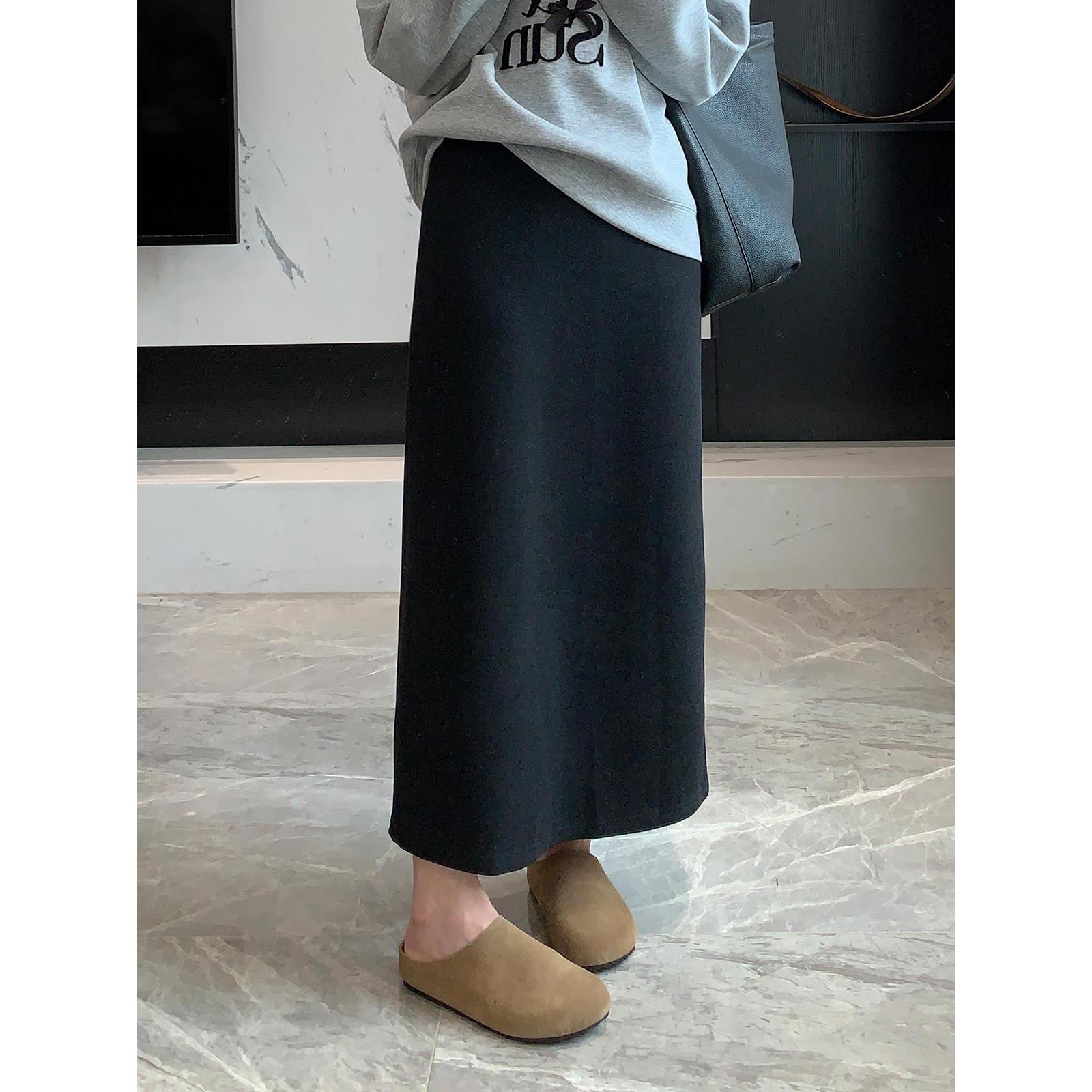 毛呢纸片半身裙女秋冬加厚大码高腰显瘦遮胯中长款开叉包臀裙子