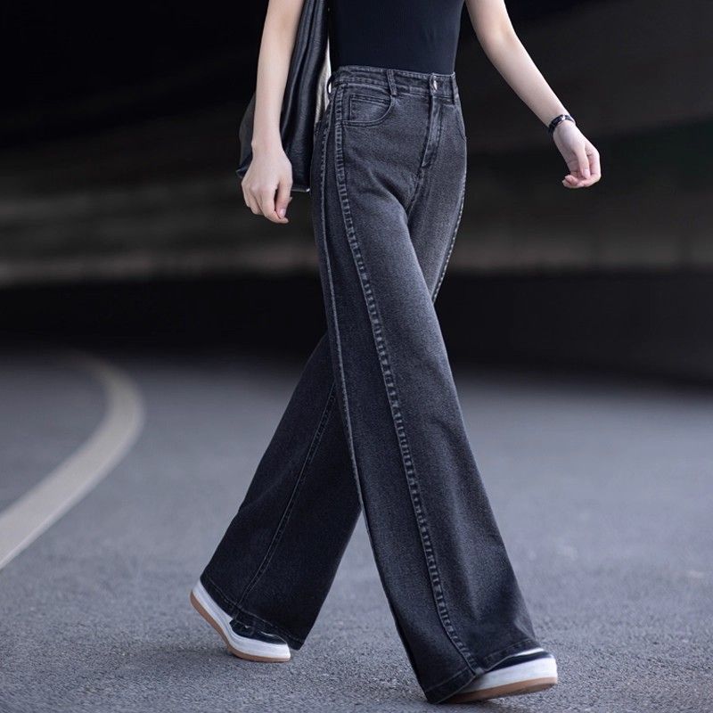 黑色直筒牛仔裤女秋冬2025年新款松紧腰宽松大码显瘦窄版阔腿裤子