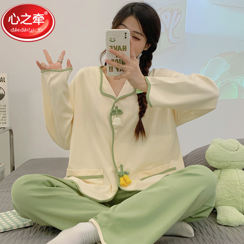 小清新2025新款睡衣女开衫小翻领春秋季纯棉长袖家居服套装可外穿