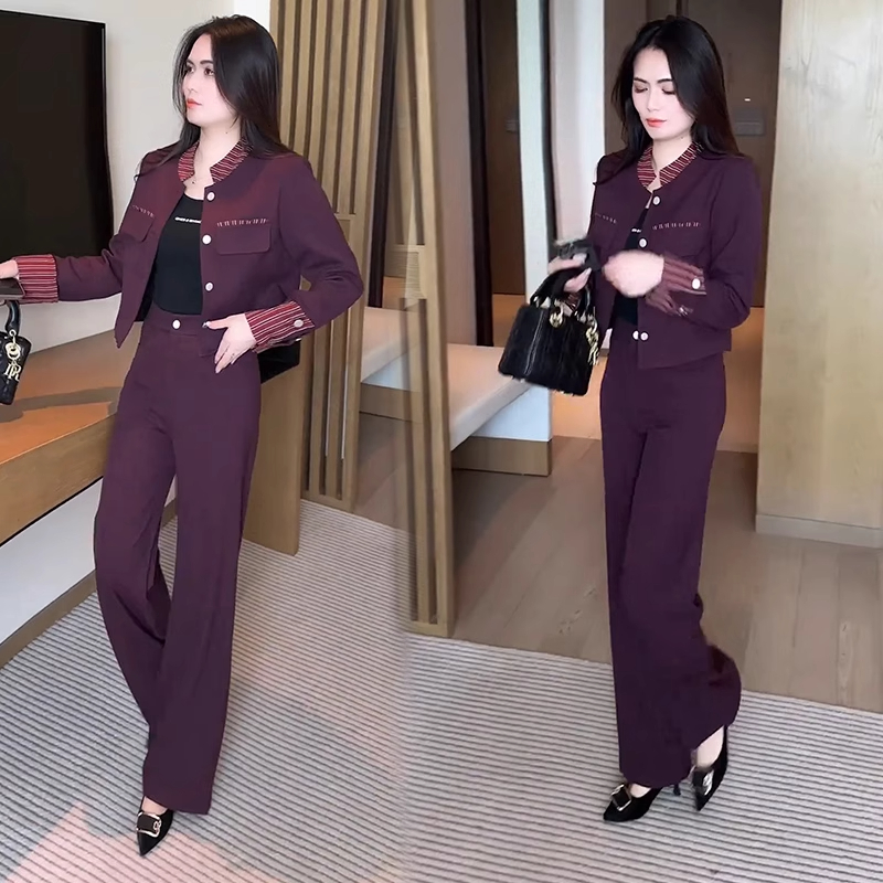 2025秋季新款时尚套装女洋气减龄拼接条纹外套阔腿裤高级两件套潮