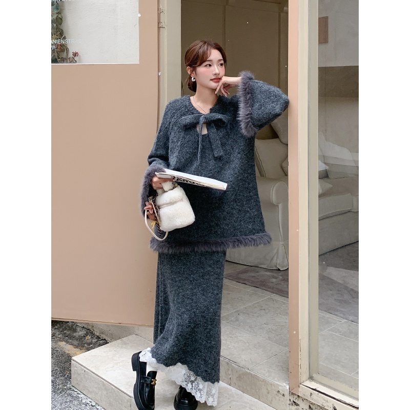 慵懒风复古针织套装裙女2025秋季新款毛绒拼接上衣半身裙两件套