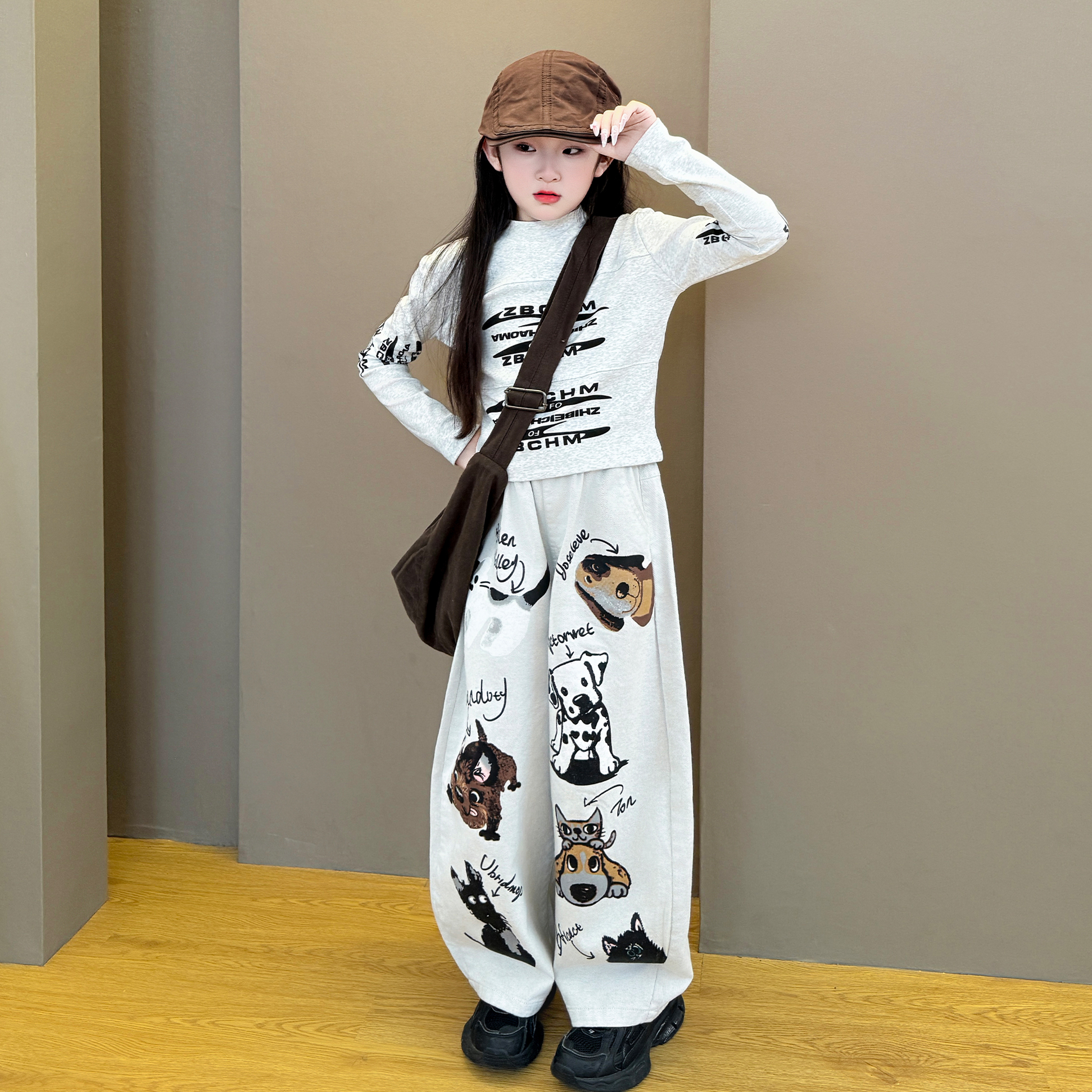 女童2025新款时尚春秋季休闲打底衫印花小狗韩版宽松阔腿裤套装潮