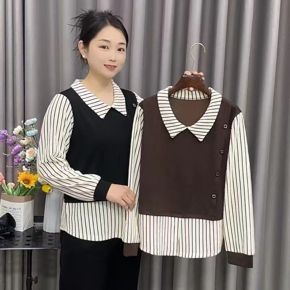 新款假两件条纹拼接小衫时尚百搭女装上衣2081