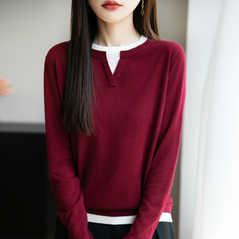 【现货宠粉】新款女长袖针织衫套头拼色宽松短款百搭亲肤打底毛衣薄