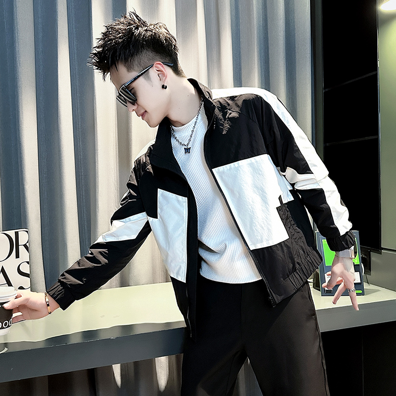 潮牌拼接撞色夹克男士春秋2025新款网红洋气炸街高级男装立领外套