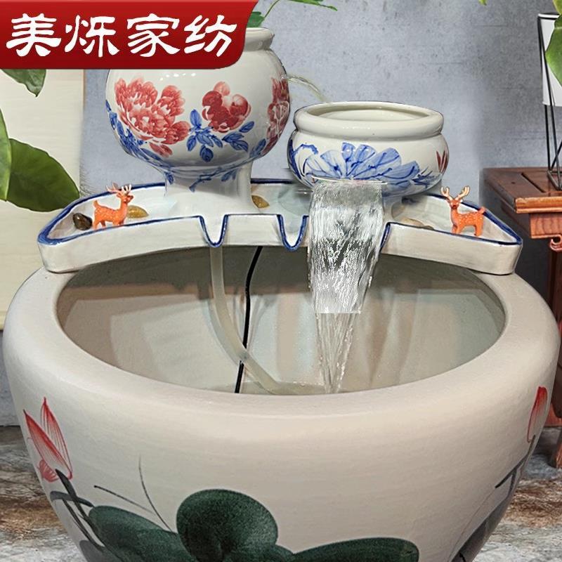 古法养鱼瀑布流水造景循环水绿植家中增氧过滤摆件组合一体