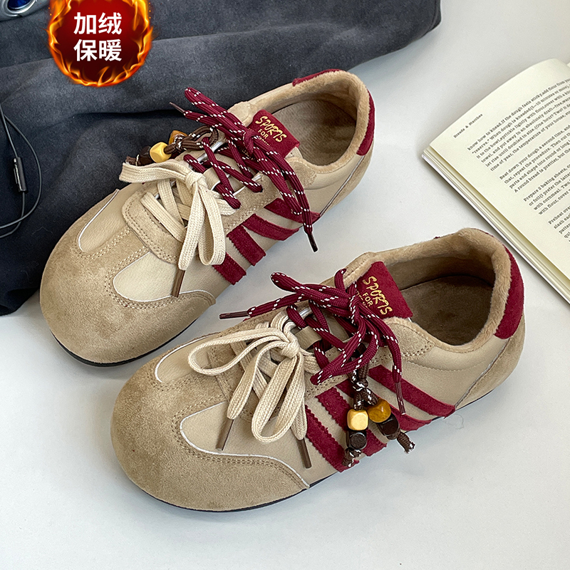 驼色加绒双系带德训鞋女2025冬新款软底舒适休闲板鞋百搭阿甘鞋潮