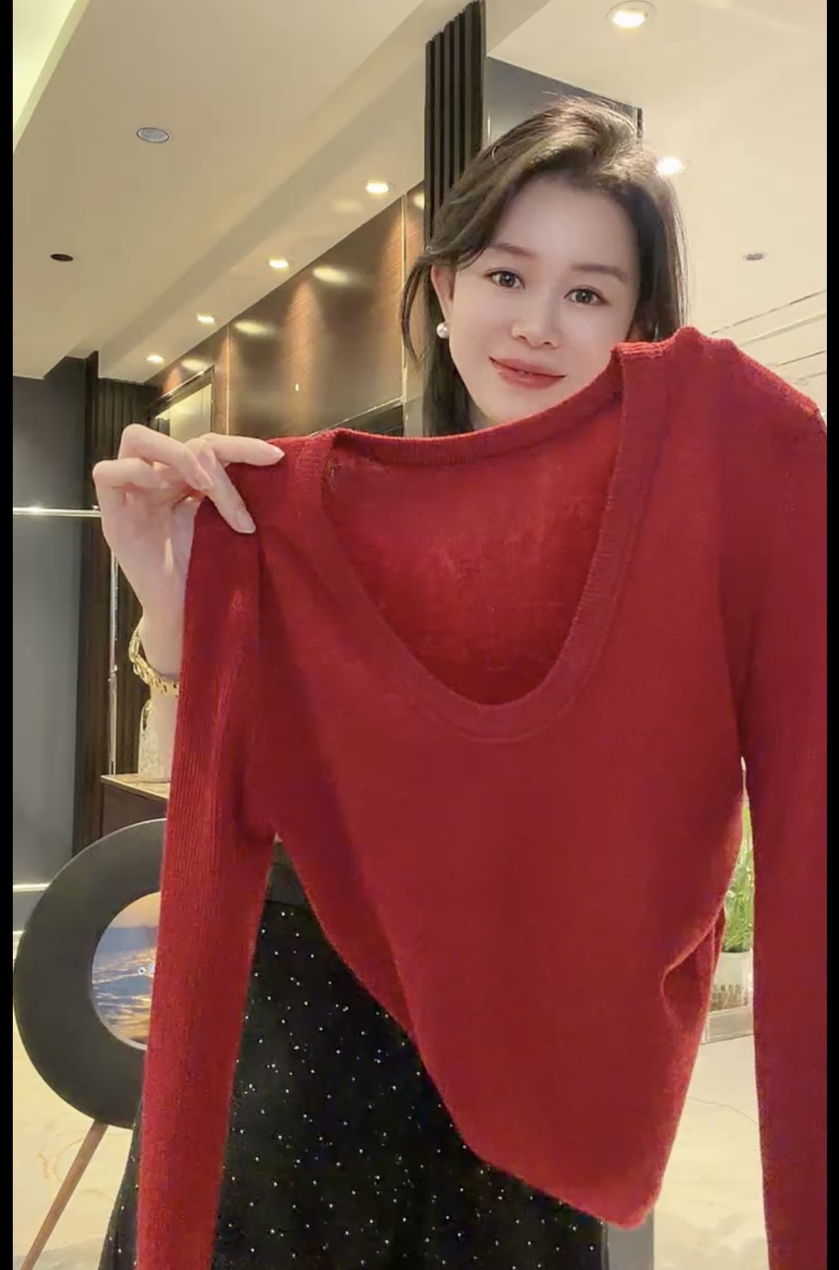 新年红色U领针织打底衫内搭女秋冬季高级感修身正肩百搭长袖上衣