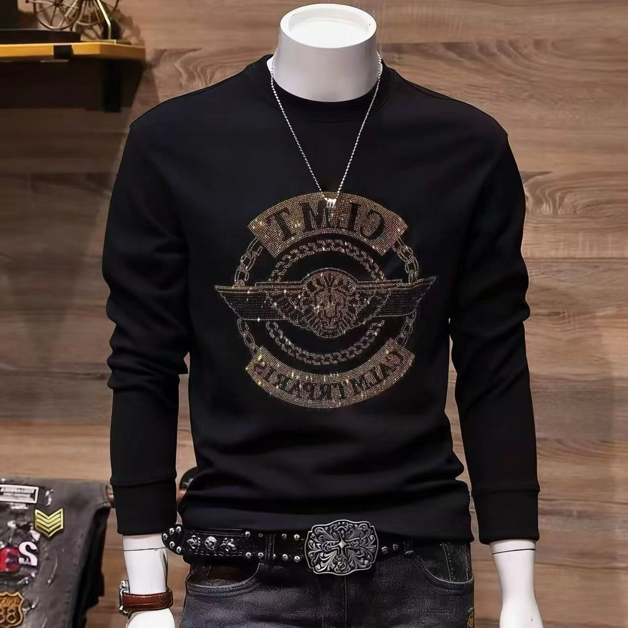 美式潮流圆领套头卫衣男款秋冬季时尚烫钻休闲上衣长袖加绒打底衫