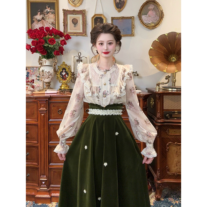 现货 一生罗曼【流光花语】法式荷叶边碎花蕾丝显瘦长袖衬衫女Y5522