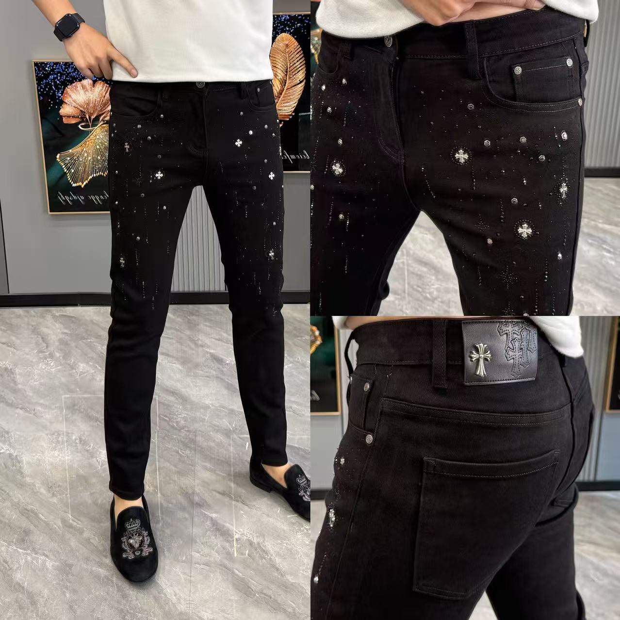 牛仔裤高级感烫钻男裤时尚气质小脚裤牛仔裤男士秋冬款裤子