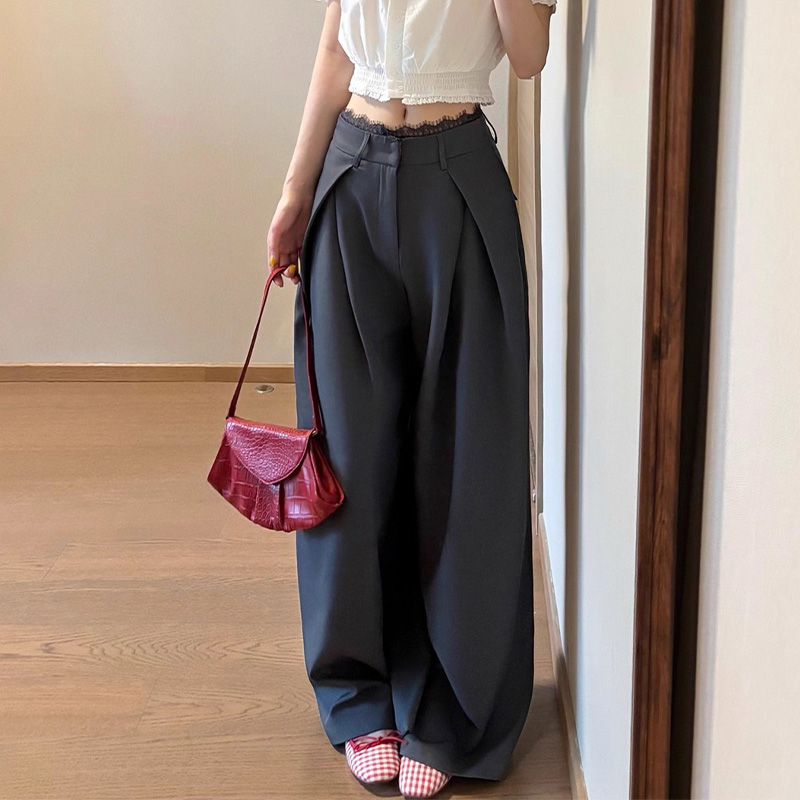 设计感蕾丝拼接压褶西装阔腿裤女2026春秋新款垂感显瘦通勤直筒裤