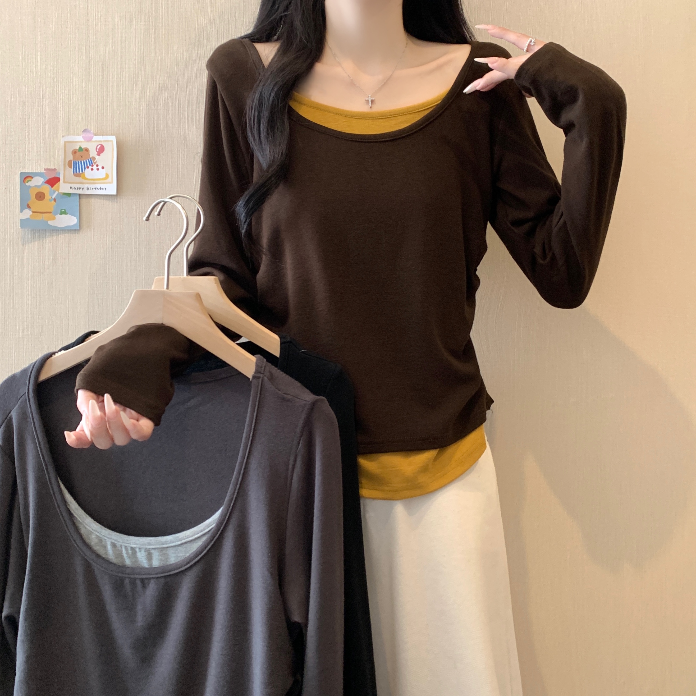 【wy】2025大码女装新款秋冬纯欲风长袖拼色假两件上衣 3788