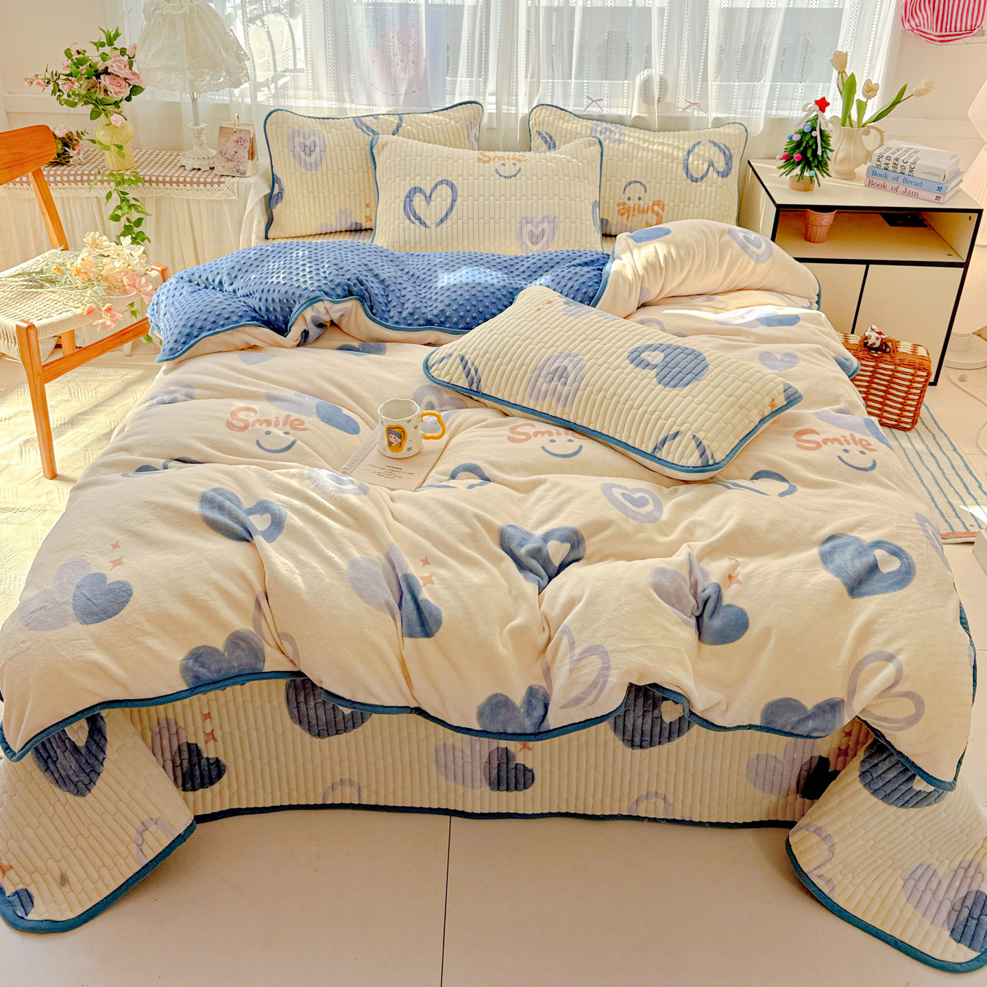 冬季印花牛奶豆豆绒被套床盖四件套双面加绒珊瑚豆豆绒被套床单款