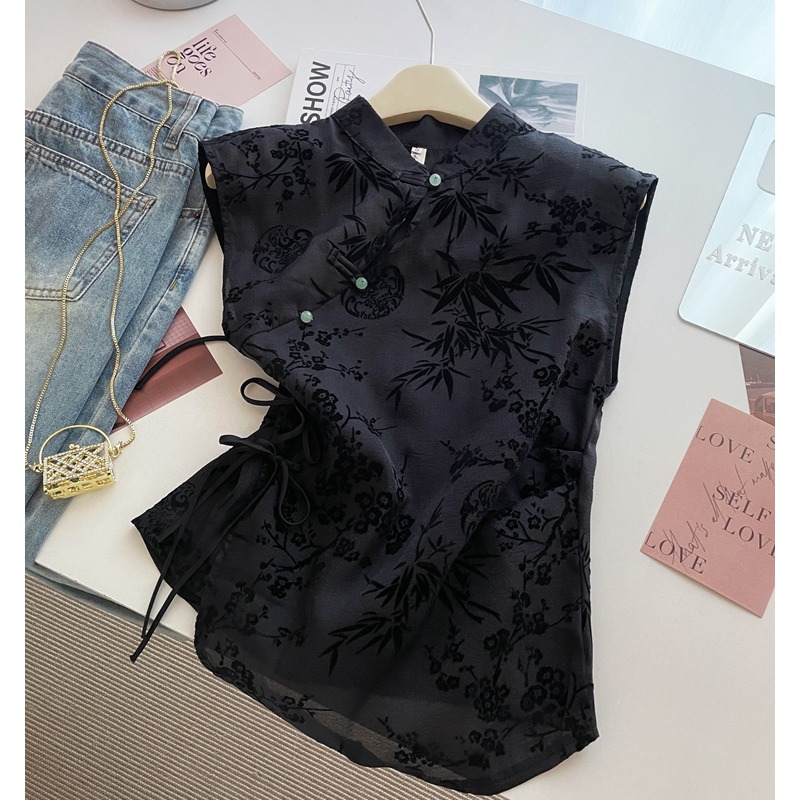 夏季2025新款设计感小衫新中式国风旗袍上衣黑色提花正肩短袖t恤